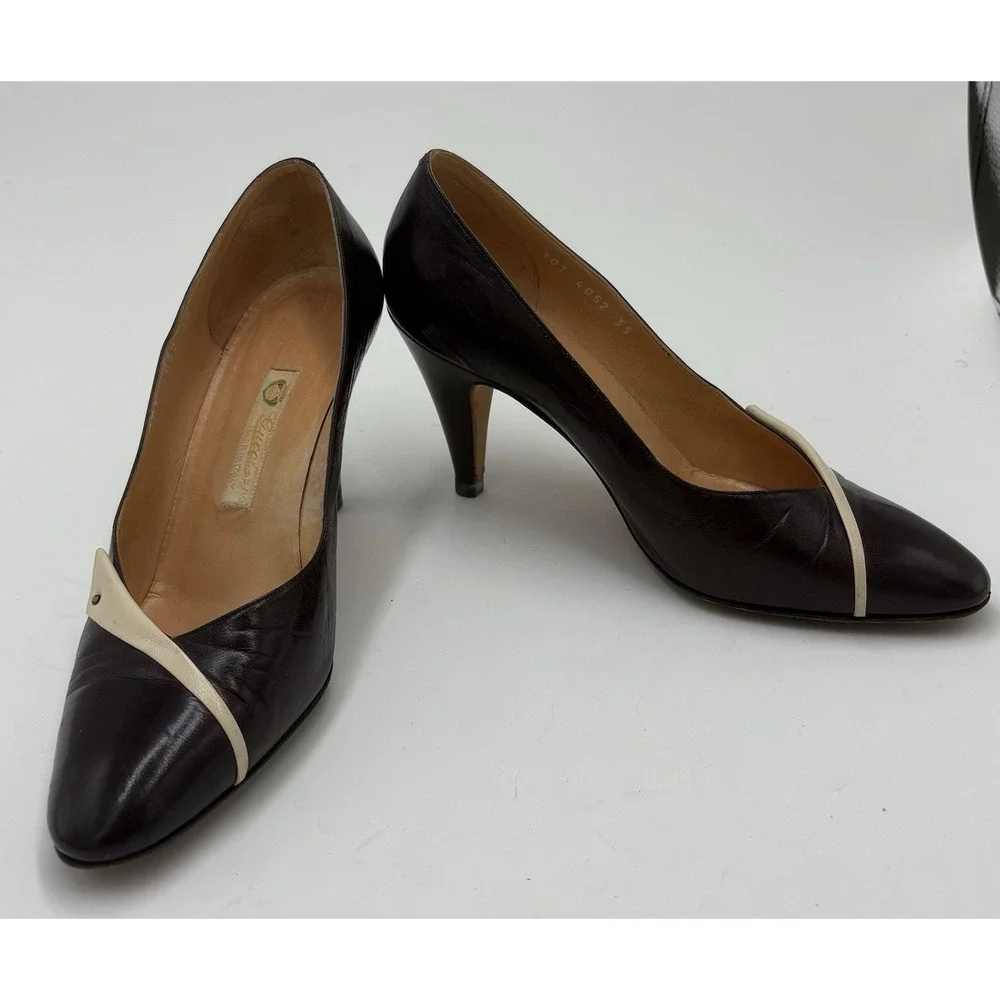 Gucci‎ Women's Vintage Leather Pump Heels Brown White Size 35 US 5